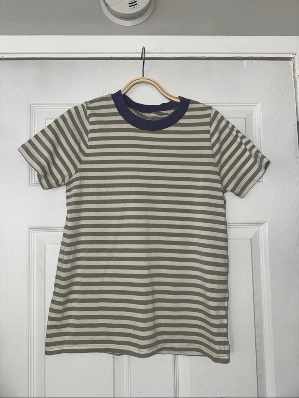 Olive & Cream Striped Short-Sleeve Tee with Navy Collar
